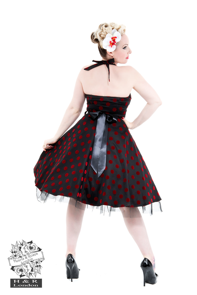 Black Red Flocked Polka Dot Swing Dress